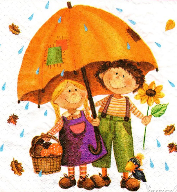 Dziewczynka i chłopiec pod parasolem. Dziewczynka niesie koszyk z grzybami chłopiec trzyma słonecznik.