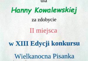 Dyplom dla Hani K z 4-latków, za zdobycie II miejsca w konkursie.