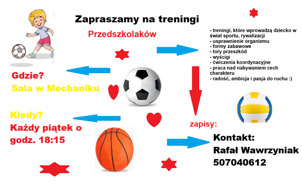 Zaproszenie na treningi Przedszkolaków. W sali gimnastycznej ZSP nr 1 w Radomsku w każdy piątek o godzinie 18.15, kontakt: Rafał Wawrzyniak tel. 507040612.