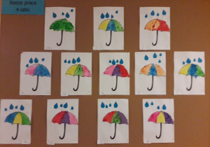 "Parasole i krople deszczu" praca plastyczna wykonana przez 4-latki