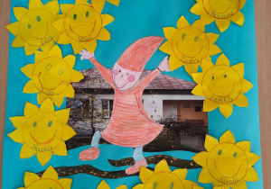 Nasz plakat na "Dzień Życzliwości" robiony na zajęciach dydaktycznych. Plakat przedstawia nasze przedszkole i uśmiechnięte, wesołe słoneczka, które zrobiliśmy sami, pośród których skacze wesoły Krasnal.