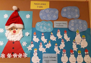 Prace plastyczne 3-latków: papierowy Mikołaj, Wesołe bałwanki w kolorowych czapkach, Śniegowe chmury- stemple.