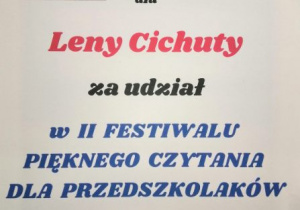 Dyplom dla Lenki za udział w konkursie.