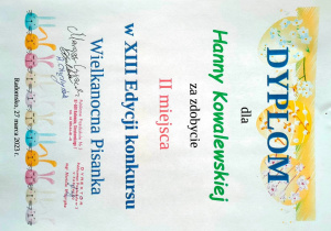 Dyplom dla Hani K z 4-latków, za zdobycie II miejsca w konkursie.