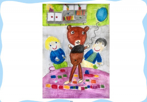 Rysunek Hani, na którym Miś Kabiś bawi się na dywanie klockami z chłopcem, który ma autyzm.