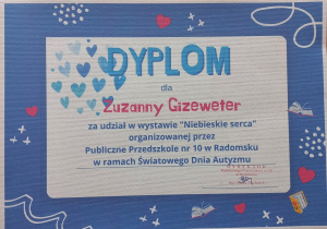 Dyplom dla Zuzanny Gizeweter za udział w wystawie "Niebieskie serca".
