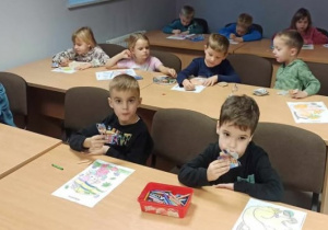 Motyli siedzą w ławkach w sali edukacyjnej biblioteki pedagogicznej. Kolorują kolorowanki, przedstawiające zwierzęta leśne, które przyygotowują sie do zimy.