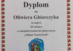 Dyplom Oliwiera za III miejsce.