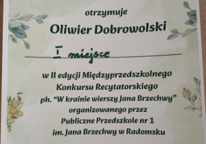 Zwycięski dyplom Oliwiera.