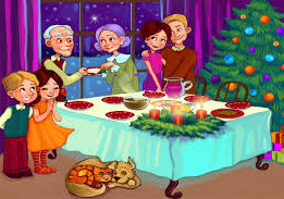 Rysunkowe zdjęcie wigilijnego stołu i rodziny przygotowującej się do tego, aby zasiąść do niego.