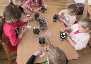 Sadzenie bratków przy stoliczkach pod nadzorem prowadzących warsztaty.