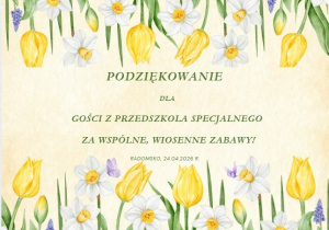 Podziękowanie złożone na ręce Pani Dyrektor z przedszkola specjalnego.