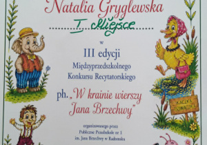 Dyplom Natalii za I miejsce.