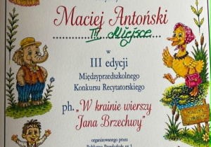 Dyplom za III miejsce Maciusia.